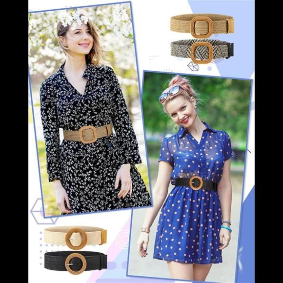 4 Pack Straw Woven Elastic Stretch Waist Belt Women Skinny Dress Belt Wooden Buc